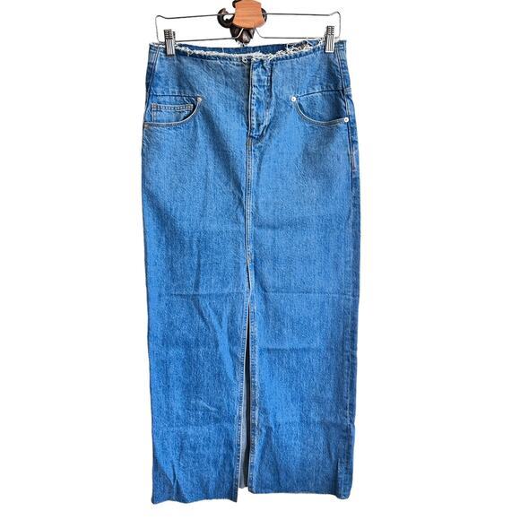 FRAME Sea Cut Off Waist Maxi Denim Skirt Raw Hem Front Slit 26 - Picture 2 of 15